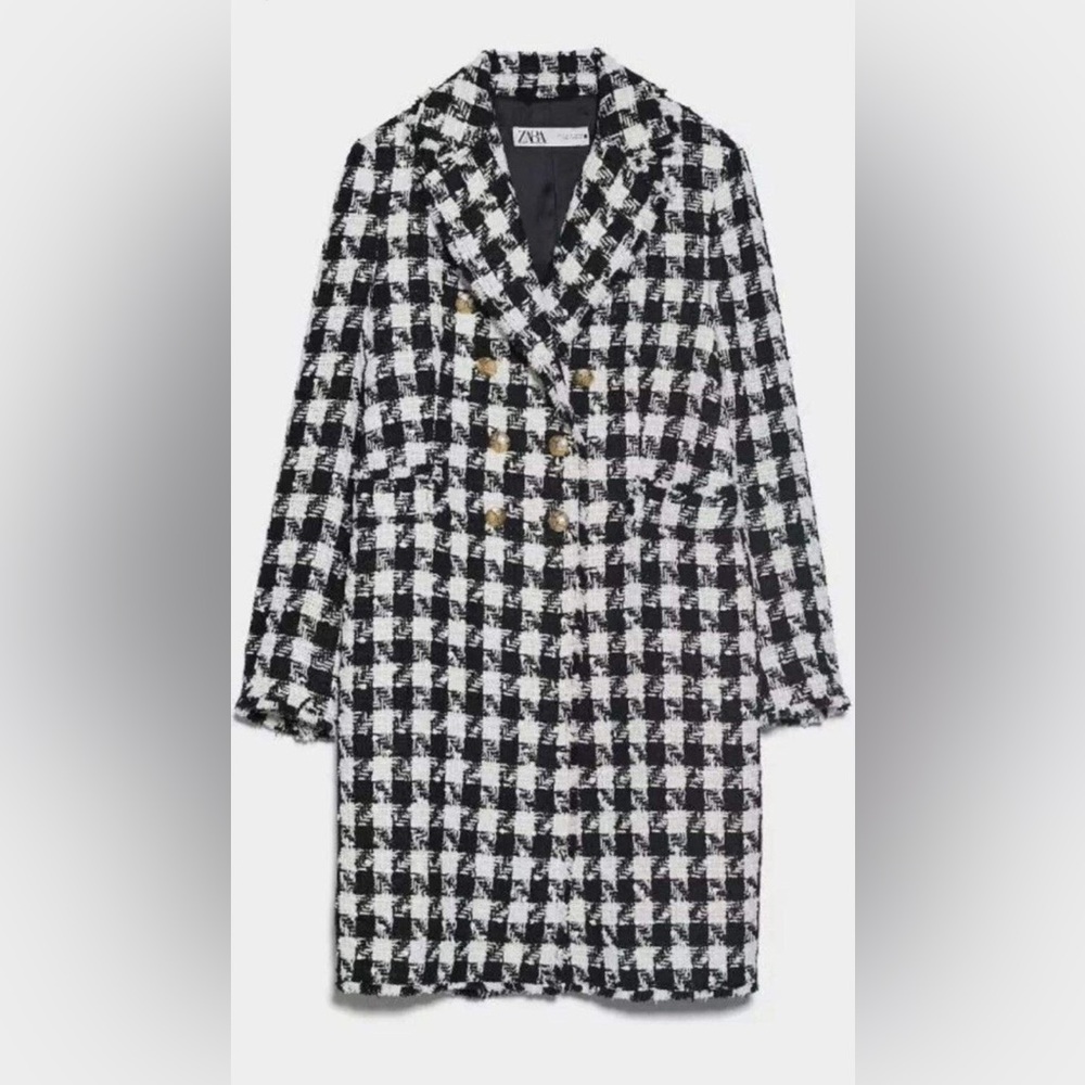 Zara Black and White Houndstooth Blazer Coat Medium